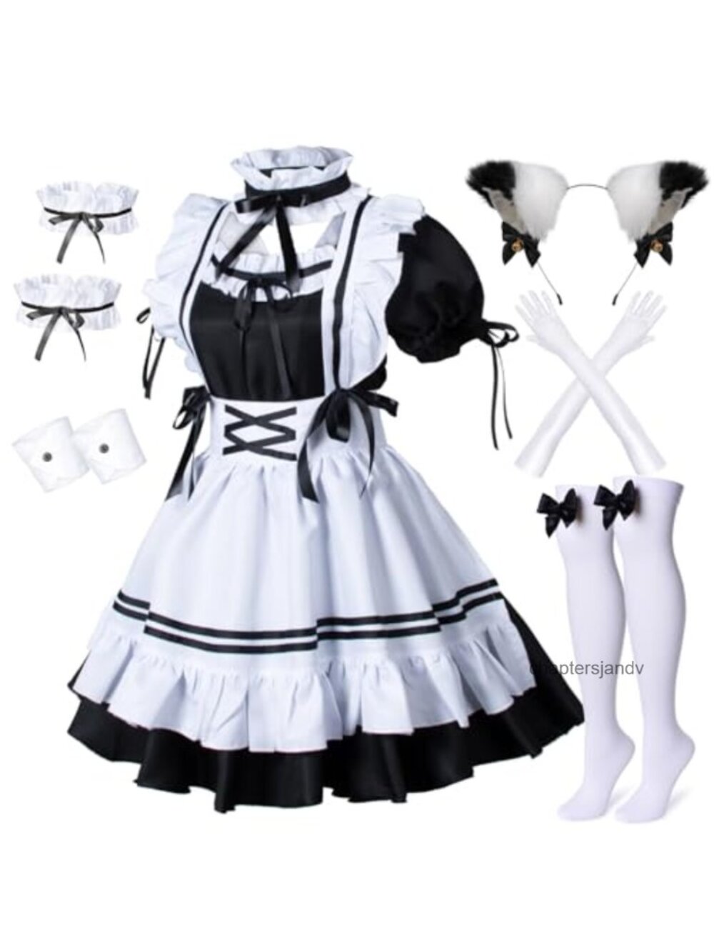 Anime French Maid Lolita Cosplay Costume Set Furry Cat Ear Gloves Socks 3XL